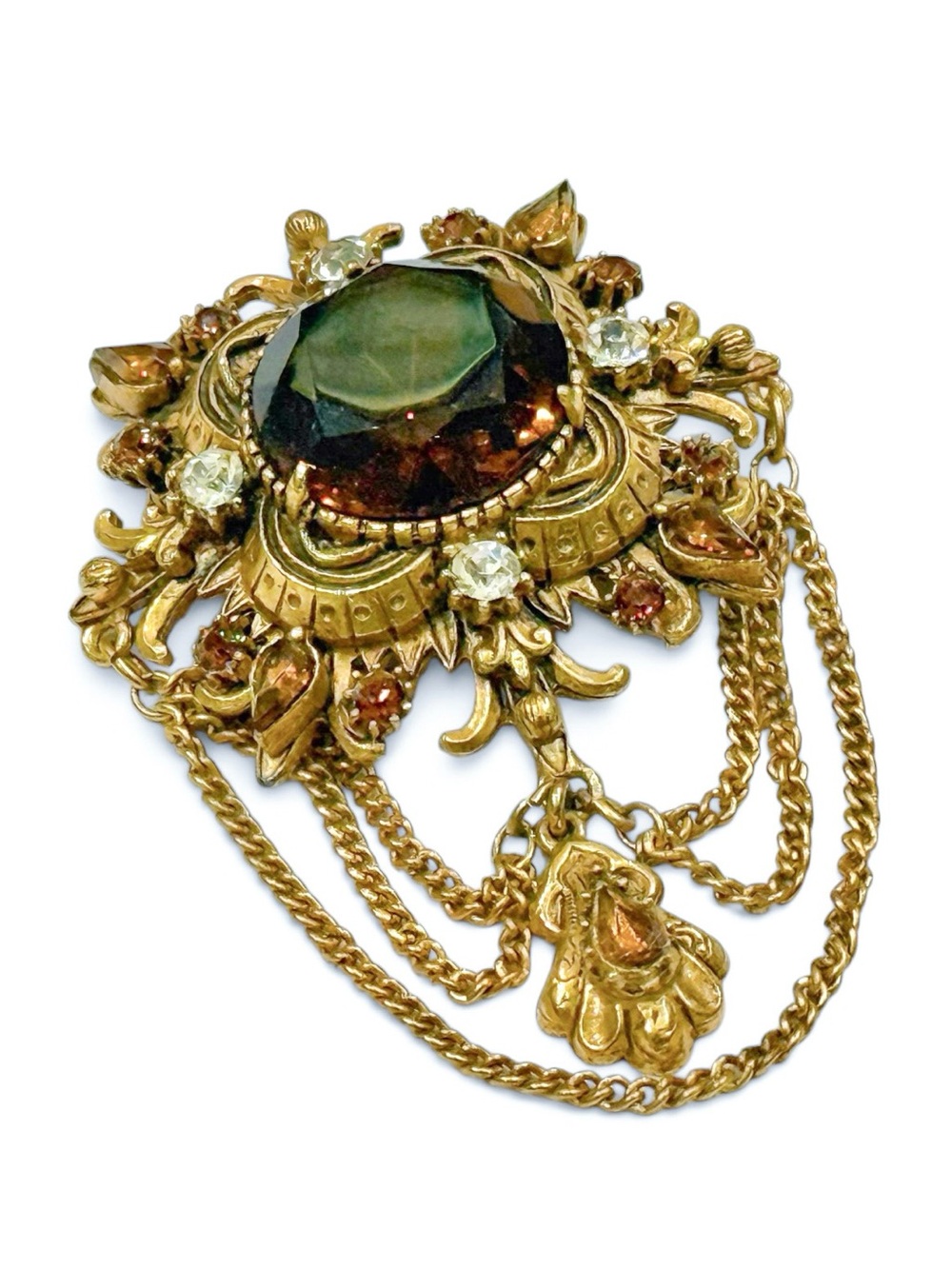 Vintage Florenza Gold-Tone Brown Crystal Brooch with Chain Drapes - Picture 4 of 16